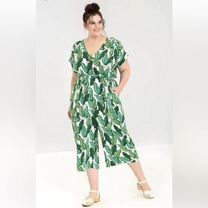 Hell Bunny Rainforest 70s Jumpsuit Womens 3X Palm Leaves Tropical Beachy